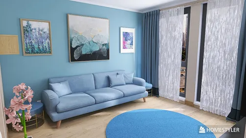 blue sofa positioning in a contemporary living room design with a serene atmosphere featuring soft floral accents and artistic wall decor, showcasing Homestyler's real-time 3D rendering capability.