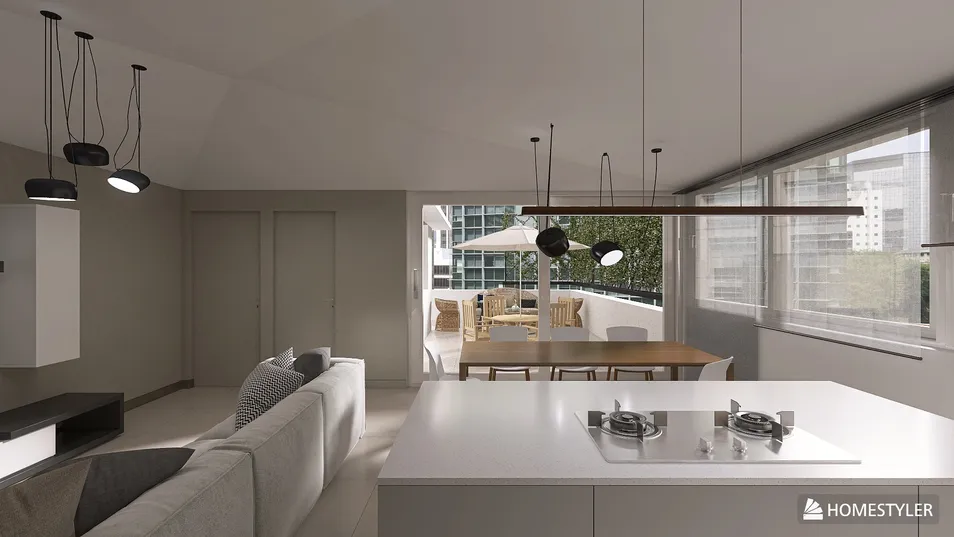 modern kitchen design featuring open layout with efficient furniture arrangement in a spacious living area, utilizing Homestyler's real-time 3D rendering for visualizing interior decor.