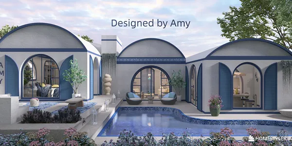 exterior design of a modern villa showcasing a pool area with blue accents and arched structures, featuring landscape optimization and real-time 3D rendering by Homestyler