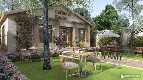 outdoor coffee shop with patio seating featuring a rustic design and greenery, showcasing an inviting atmosphere for relaxation, optimized for space utilization using Homestyler's 3D rendering functionality.
