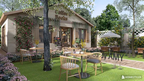 outdoor coffee shop with patio seating featuring a rustic design and greenery, showcasing an inviting atmosphere for relaxation, optimized for space utilization using Homestyler's 3D rendering functionality.