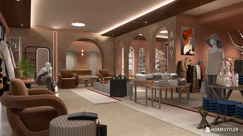Fashion retail space showcasing a modern clothing display with contemporary furnishings in a stylish boutique design, featuring Homestyler's real-time 3D rendering.