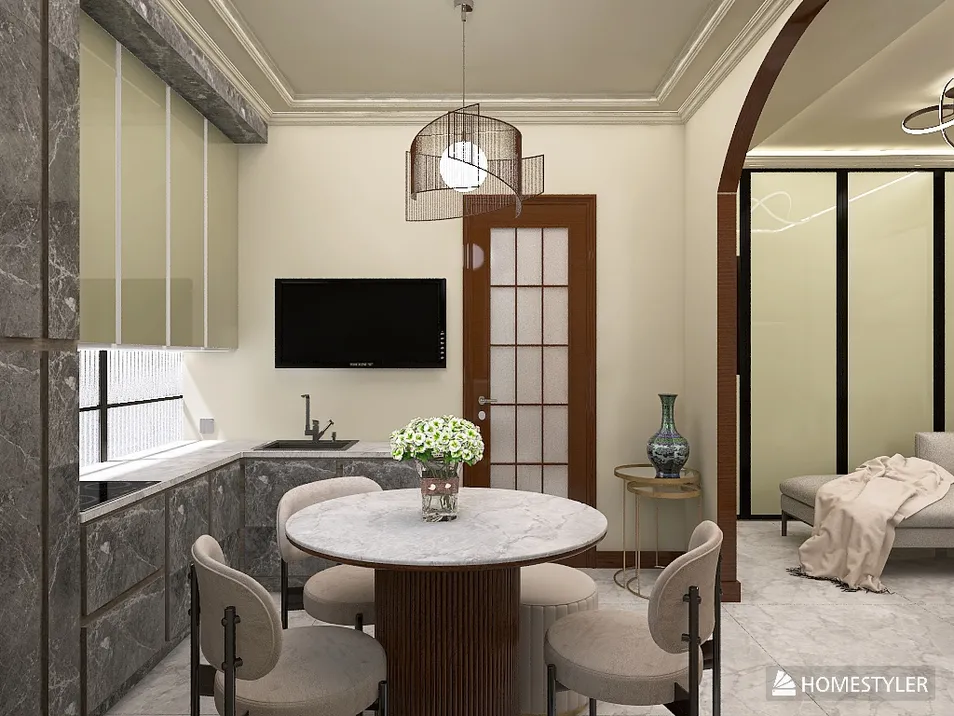 Modern dining area featuring a round marble table with upholstered chairs, designed to optimize small space functionality using Homestyler's smart furniture arrangement feature.