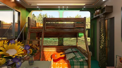 bunk beds in a cozy room with natural light streaming through large windows, featuring a rustic design style and vibrant green accents, showcasing a playful interior decor theme enhanced by Homestyler's real-time 3D rendering feature.