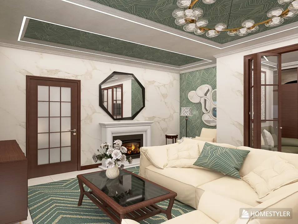 living room interior design featuring elegant furniture arrangement with a stylish green wallpaper and ceiling design, showcasing Homestyler's real-time 3D rendering capability for effective visualization.