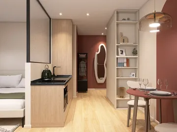 Compact kitchen and dining area featuring modern furniture arrangement in a stylish interior design, showcasing Homestyler's real-time 3D rendering for efficient remodeling.