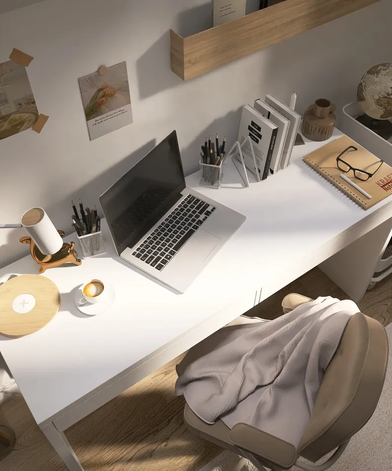 A minimalist workspace featuring a sleek laptop on a white desk, designed for productivity and comfort in a home office environment, enhanced by Homestyler's real-time 3D rendering.