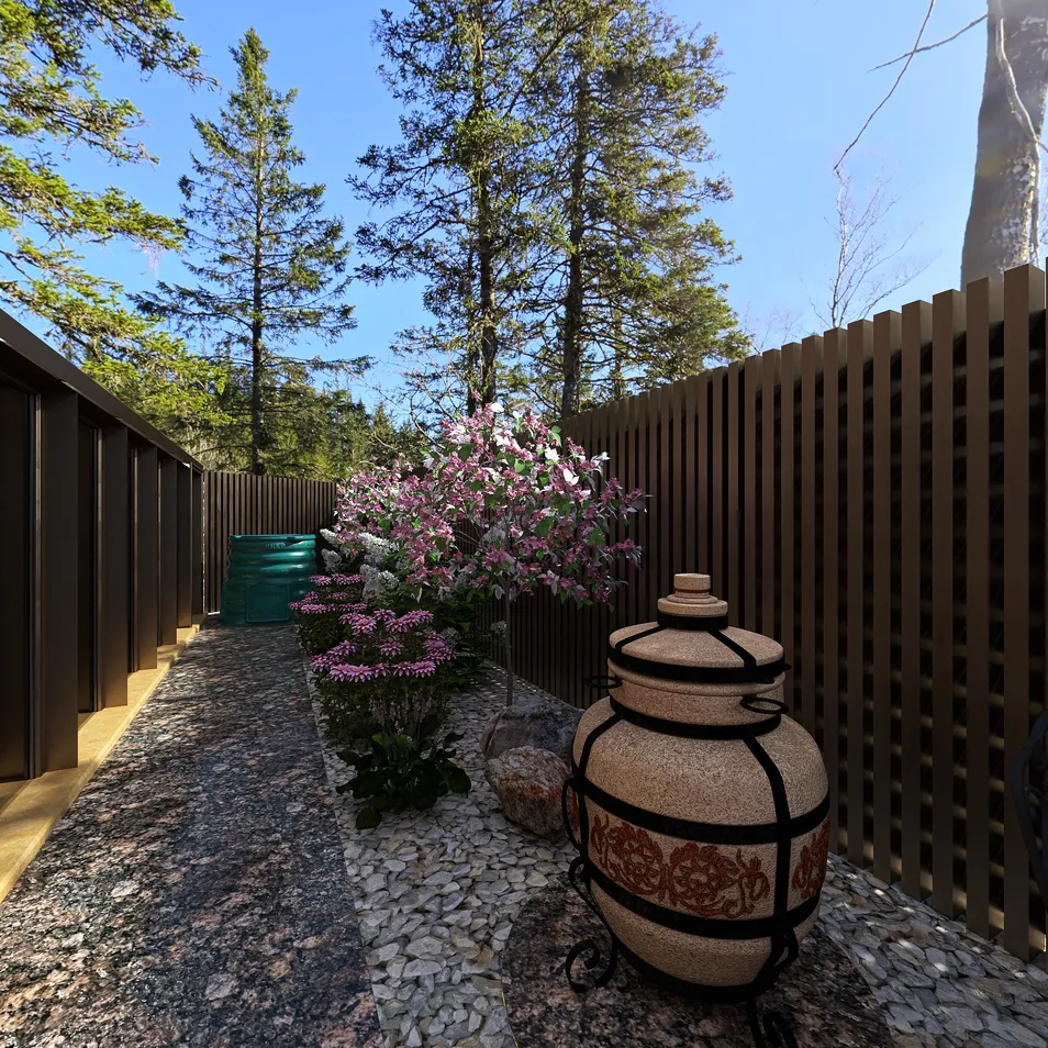 garden pathway with decorative clay pot and flowering plants enhancing the outdoor ambiance in a traditional landscape style, showcasing Homestyler's real-time 3D rendering feature