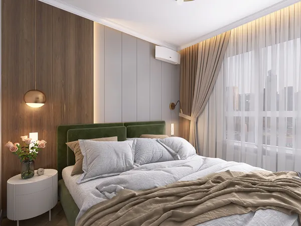 Modern bedroom design featuring a green upholstered bed with decorative pillows and a cozy blanket, enhanced by ambient lighting and natural light from large windows, showcasing a serene and inviting atmosphere, utilizing Homestyler's real-time 3D rendering feature.