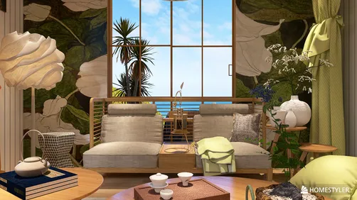 living room with a natural aesthetic featuring a rattan sofa and green accents, enhancing the cozy atmosphere, showcasing interior decor design, utilizing Homestyler's real-time 3D rendering function.