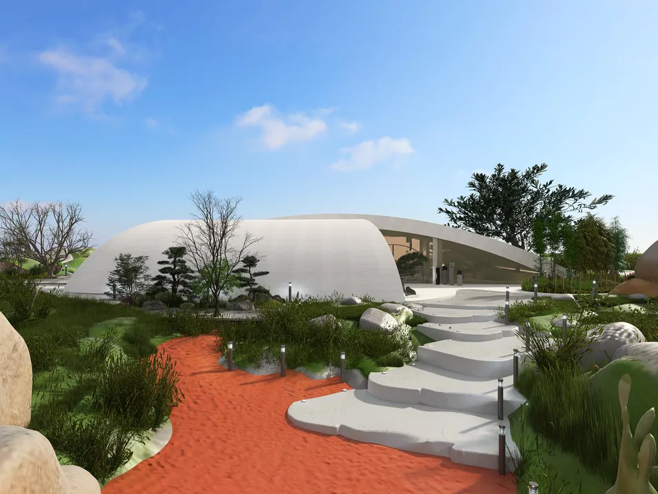 modern architectural design showcasing a curved white structure set in a landscaped garden with stone pathways and greenery, emphasizing outdoor living and nature integration, utilizing Homestyler's real-time 3D rendering feature