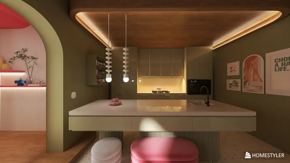 Modern kitchen design featuring a spacious island with pink accents, complemented by ambient lighting, showcasing a contemporary style that enhances functionality, utilizing Homestyler's real-time 3D rendering for effective design presentation.