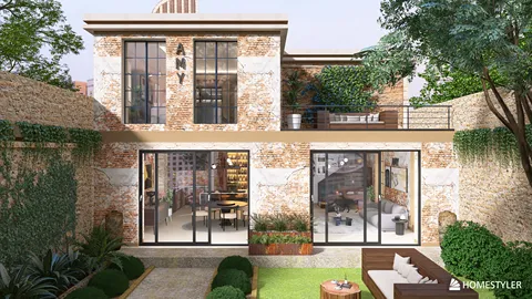 Modern residential exterior featuring a stylish garden and open concept design with transparent glass walls, showcasing contemporary architecture in a peaceful outdoor setting, utilizing Homestyler's real-time 3D rendering feature.