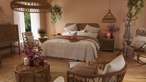 cozy bedroom with elegant furnishings, soft textiles and pastel colors, featuring a floral theme, showcasing interior decoration using Homestyler's real-time 3D rendering functionality.