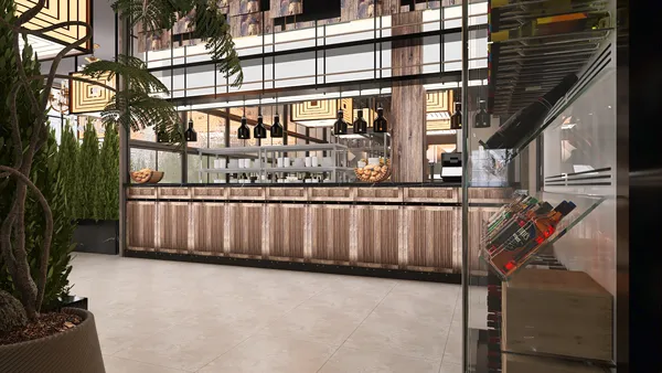 modern bar space featuring a detailed wooden counter and stylish shelving, designed with a contemporary aesthetic for a vibrant hospitality interior, utilizing Homestyler's real-time 3D rendering for design visualization.