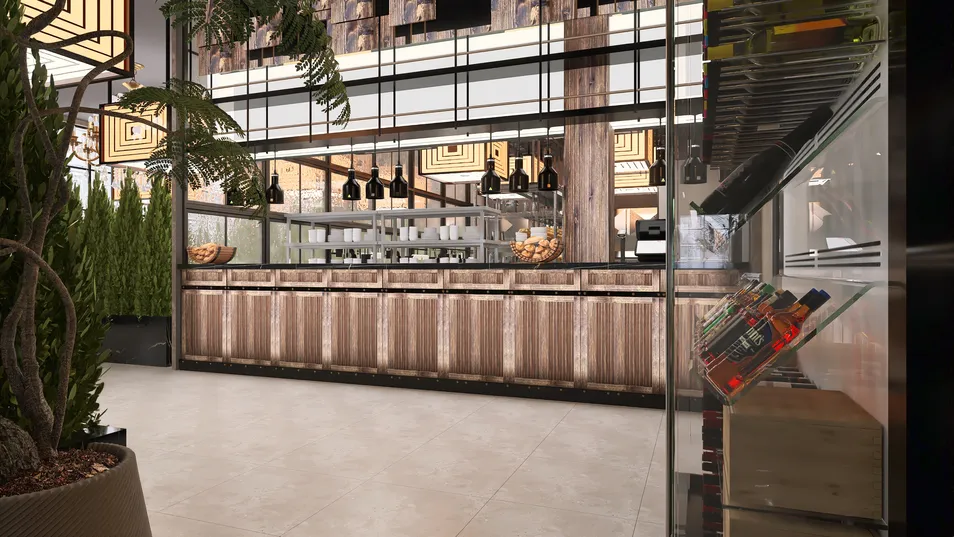 modern bar space featuring a detailed wooden counter and stylish shelving, designed with a contemporary aesthetic for a vibrant hospitality interior, utilizing Homestyler's real-time 3D rendering for design visualization.