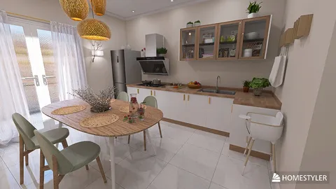Modern kitchen design featuring a cozy dining area with a round table, stylish chairs, and smart furniture arrangement, showcasing Homestyler's real-time 3D rendering capabilities.
