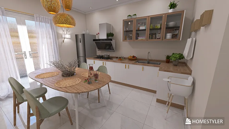 Modern kitchen design featuring a cozy dining area with a round table, stylish chairs, and smart furniture arrangement, showcasing Homestyler's real-time 3D rendering capabilities.
