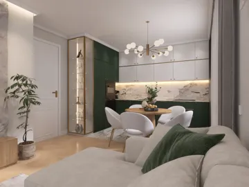 modern dining area featuring a marble table and stylish green cabinetry with elegant lighting design, showcasing interior decor using Homestyler's real-time 3D rendering for a seamless design preview.