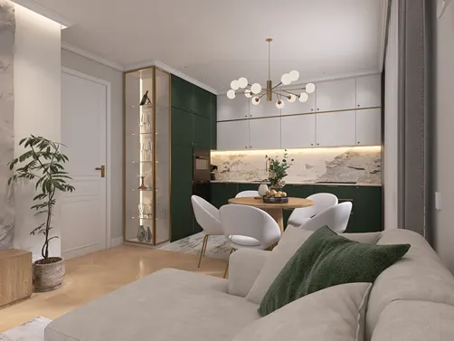 modern dining area featuring a marble table and stylish green cabinetry with elegant lighting design, showcasing interior decor using Homestyler's real-time 3D rendering for a seamless design preview.