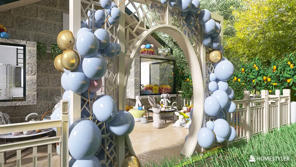 A beautifully designed outdoor patio featuring a whimsical arch adorned with spherical decorations, designed for a playful ambiance, showcasing the use of Homestyler's real-time 3D rendering for immersive interior decor visualization.