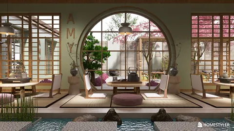 Japanese-style dining area featuring an elegant wooden table and chairs, designed with a tranquil garden view, showcasing Homestyler's real-time 3D rendering capability.