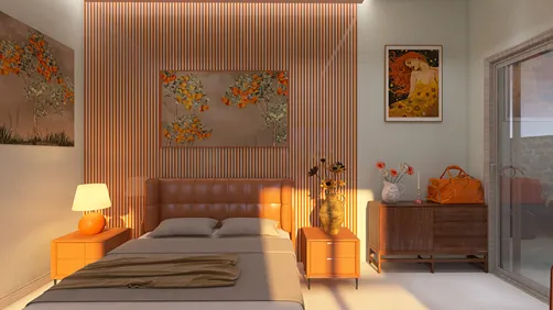 modern bedroom design featuring a warm color scheme with orange accents, showcasing furniture arrangement and decor elements that enhance space value, utilizing Homestyler's smart furniture layout feature.
