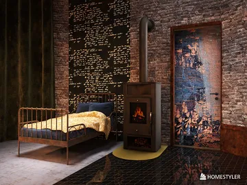 a cozy bedroom featuring a vintage bed design with a warm blanket, enhanced by a rustic brick wall and a stylish wood stove, showcasing interior decor ideas for comfort and warmth, utilizing Homestyler's real-time 3D rendering feature.