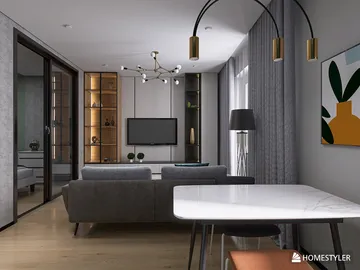 modern living room design featuring sleek furniture arrangement in a contemporary style with optimized space value, created using Homestyler's real-time 3D rendering feature.