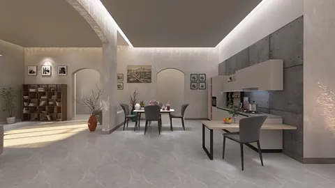 modern dining area with stylish furniture arrangement showcasing a minimalist design in an inviting living space featuring a bright atmosphere and practical application of Homestyler's real-time 3D rendering.