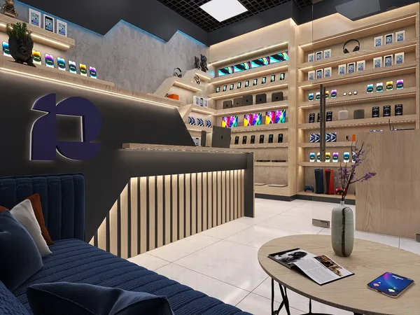 modern retail space interior showcasing a sleek reception and display areas with wooden shelves and ambient lighting, featuring smart furniture arrangements for efficient customer navigation, utilizing Homestyler's real-time 3D rendering feature