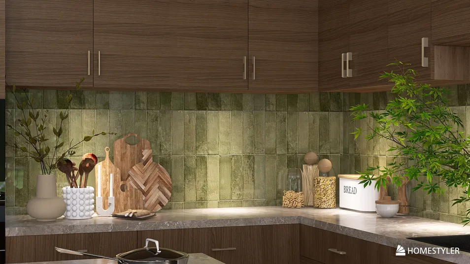 Kitchen corner showcasing modern cabinet design and stylish decor elements with a natural theme, emphasizing interior decor trends and using Homestyler's real-time 3D rendering feature for design preview.