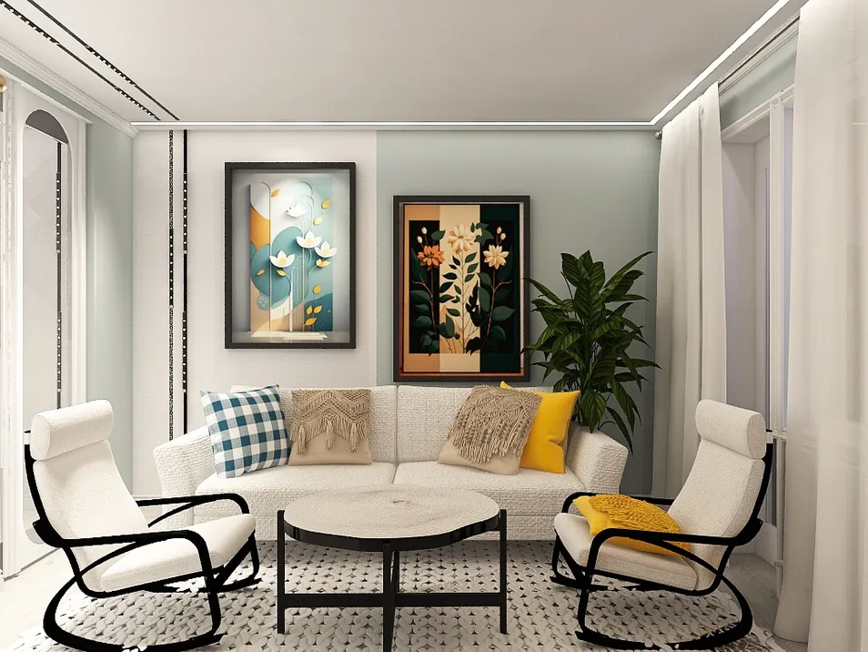 Contemporary living room featuring a cozy seating arrangement with a round coffee table, decorated with vibrant artworks and indoor plants, showcasing interior decor ideas for a stylish home using Homestyler's real-time 3D rendering feature.