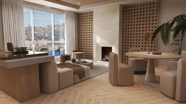 Living room featuring modern furniture arrangement and a cozy fireplace, designed in a contemporary style, showcasing the interior design capabilities of Homestyler with real-time 3D rendering.