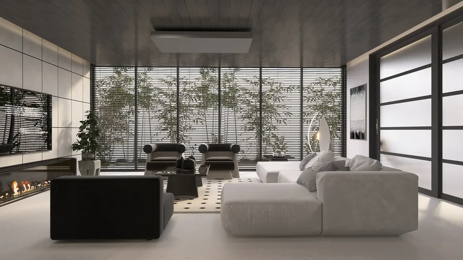 Contemporary living room with a spacious layout featuring a modern sofa and chairs, incorporating smart furniture arrangement for optimal space utilization, showcasing homestyler's real-time 3D rendering capabilities.