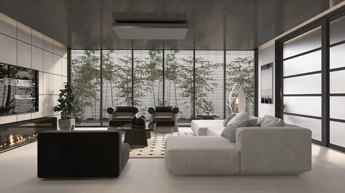 Contemporary living room with a spacious layout featuring a modern sofa and chairs, incorporating smart furniture arrangement for optimal space utilization, showcasing homestyler's real-time 3D rendering capabilities.