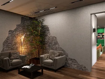 modern living room with exposed brick wall design showcasing cozy seating arrangement and stylish decor, featuring interior design with Homestyler's real-time 3D rendering for design proposal display.