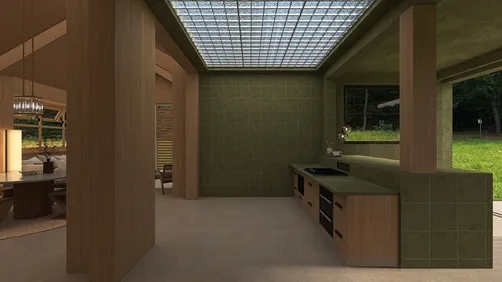 modern kitchen design featuring green wall tiles and wooden cabinets with a focus on space optimization using Homestyler's real-time 3D rendering capability