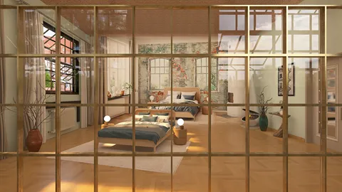 Cozy bedroom design featuring a warm color scheme, showcasing an open layout with natural lighting and greenery elements, utilizing Homestyler's real-time 3D rendering feature.