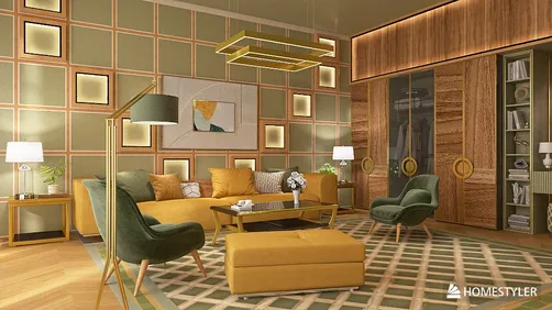Modern living room design featuring a yellow and green color scheme with stylish furniture arrangement, showcasing Homestyler's real-time 3D rendering capabilities.