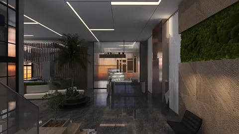modern lobby design featuring a spacious layout with contemporary furnishings and greenery, showcasing Homestyler's real-time 3D rendering for quick design preview.