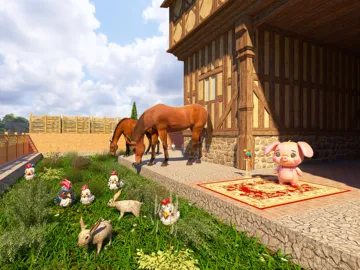 animals grazing in a garden area adjacent to a traditional wooden house featuring a playful piggy character, showcasing a rustic outdoor design with vibrant greenery and playful interactive elements.