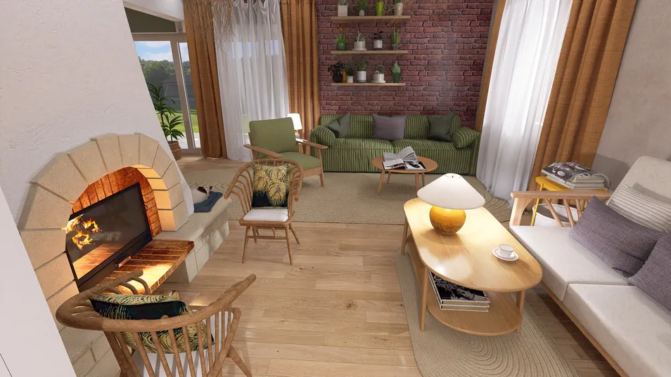 cozy living room with a fireplace featuring furniture arrangement in a rustic style enhancing comfort and warmth using Homestyler's real-time 3D rendering