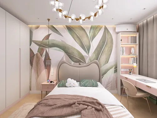 bedroom with botanical mural design showcasing leaves and plants, featuring a cozy layout and soft color palette, ideal for modern interior decor, utilizing Homestyler's real-time 3D rendering for design proposal visualization.