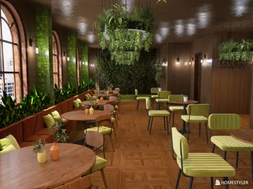 restaurant interior design showcasing wooden tables and green seating, featuring a vibrant natural theme, optimized for indoor decor with Homestyler's real-time 3D rendering.