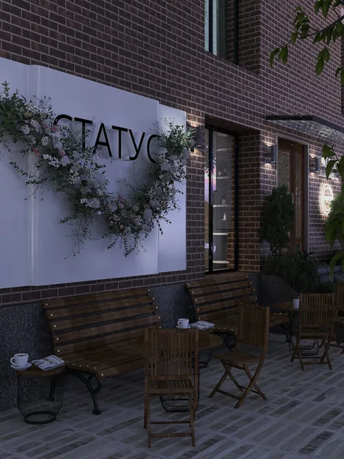 outdoor seating area with wooden benches and table designed for a café, featuring a floral wall decoration in a modern style, optimized for commercial space planning using Homestyler's intelligent furniture arrangement.