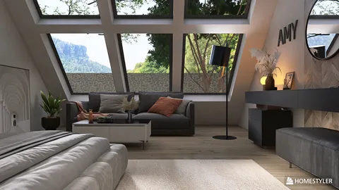 modern living room with large angled windows showcasing mountain views, featuring cozy sofas and decorative elements, styled for optimal natural light and comfort, utilizing Homestyler's real-time 3D rendering for design preview