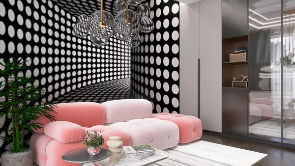 modern sofa design with playful colors and geometric patterns, enhancing the contemporary interior decor of a living space, showcasing Homestyler's real-time 3D rendering feature.