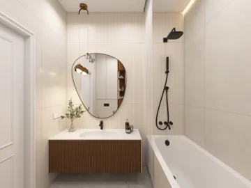 modern bathroom design featuring a sleek bathtub and stylish mirror, showcasing a minimalist aesthetic with earthy tones, ideal for creating a relaxing atmosphere using Homestyler's 3D rendering feature.