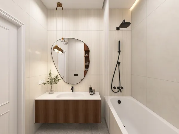 modern bathroom design featuring a sleek bathtub and stylish mirror, showcasing a minimalist aesthetic with earthy tones, ideal for creating a relaxing atmosphere using Homestyler's 3D rendering feature.